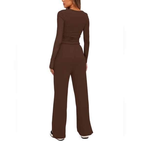 Chic Brown Loungewear Set Rushed Top + Wide Leg Pants with Pockets New Boutique - Picture 2 of 4
